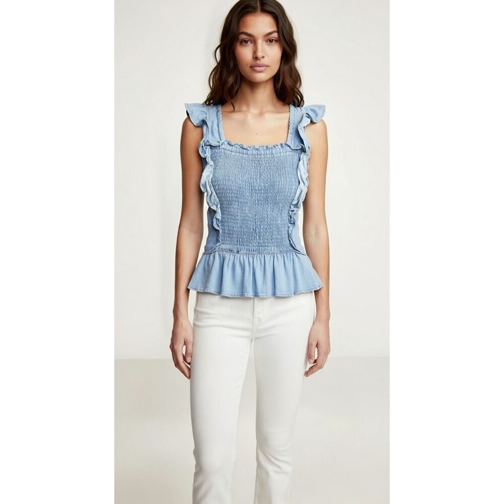 Old navy light wash smocked square neck flutter sleeve peplum top Large #741